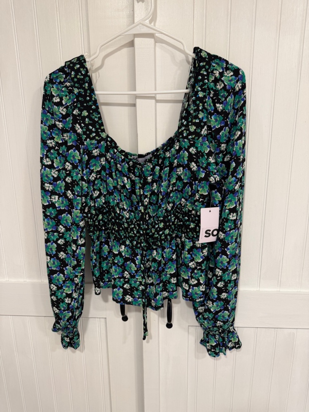 SO Black Floral Smocked, stretchy top w/ Blue-Green Flowers size L
